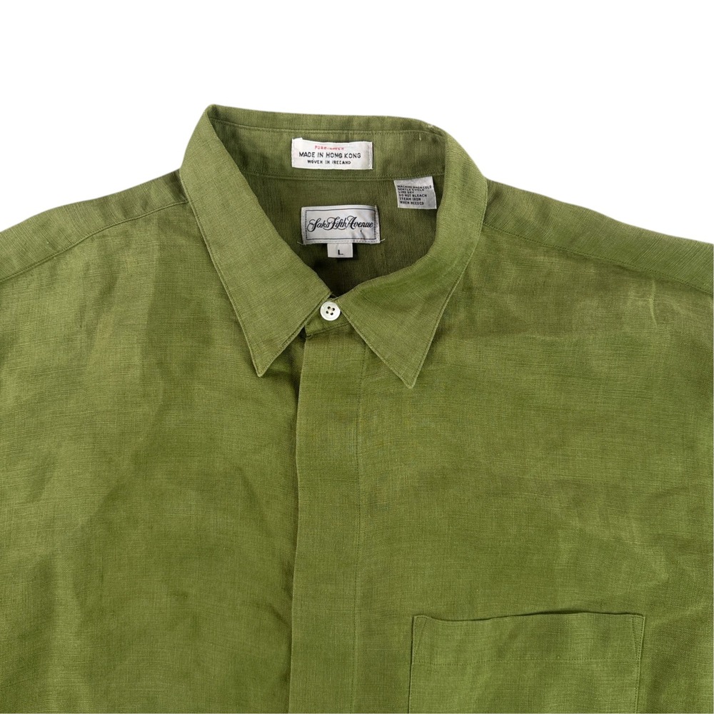 Saks Fifth Avenue Button Down Mens L Green Pure Linen Woven In Ireland L/S VTG